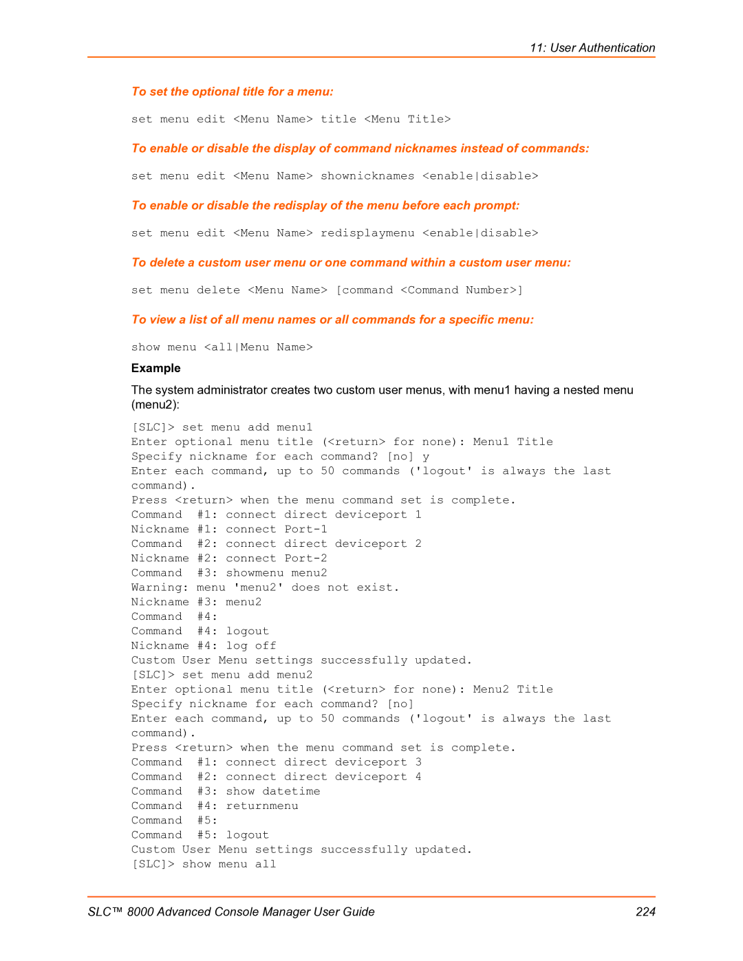 Lantronix SLC 8000 manual To set the optional title for a menu 