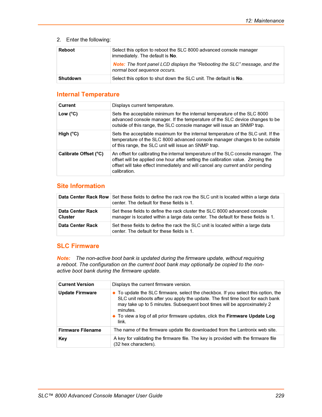 Lantronix SLC 8000 manual Internal Temperature, Site Information, SLC Firmware 