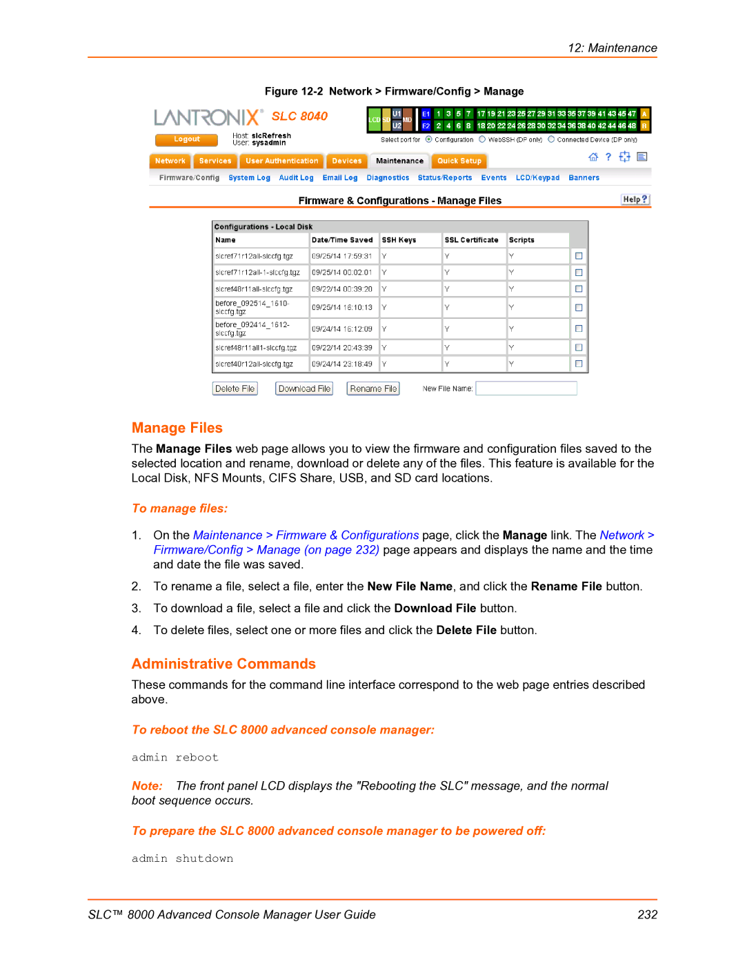 Lantronix manual Manage Files, Administrative Commands, To manage files, To reboot the SLC 8000 advanced console manager 