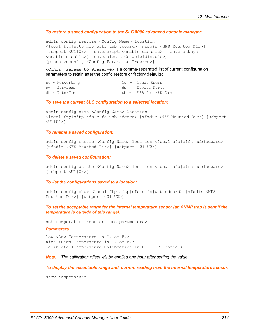 Lantronix SLC 8000 manual To rename a saved configuration, To delete a saved configuration, Show temperature 