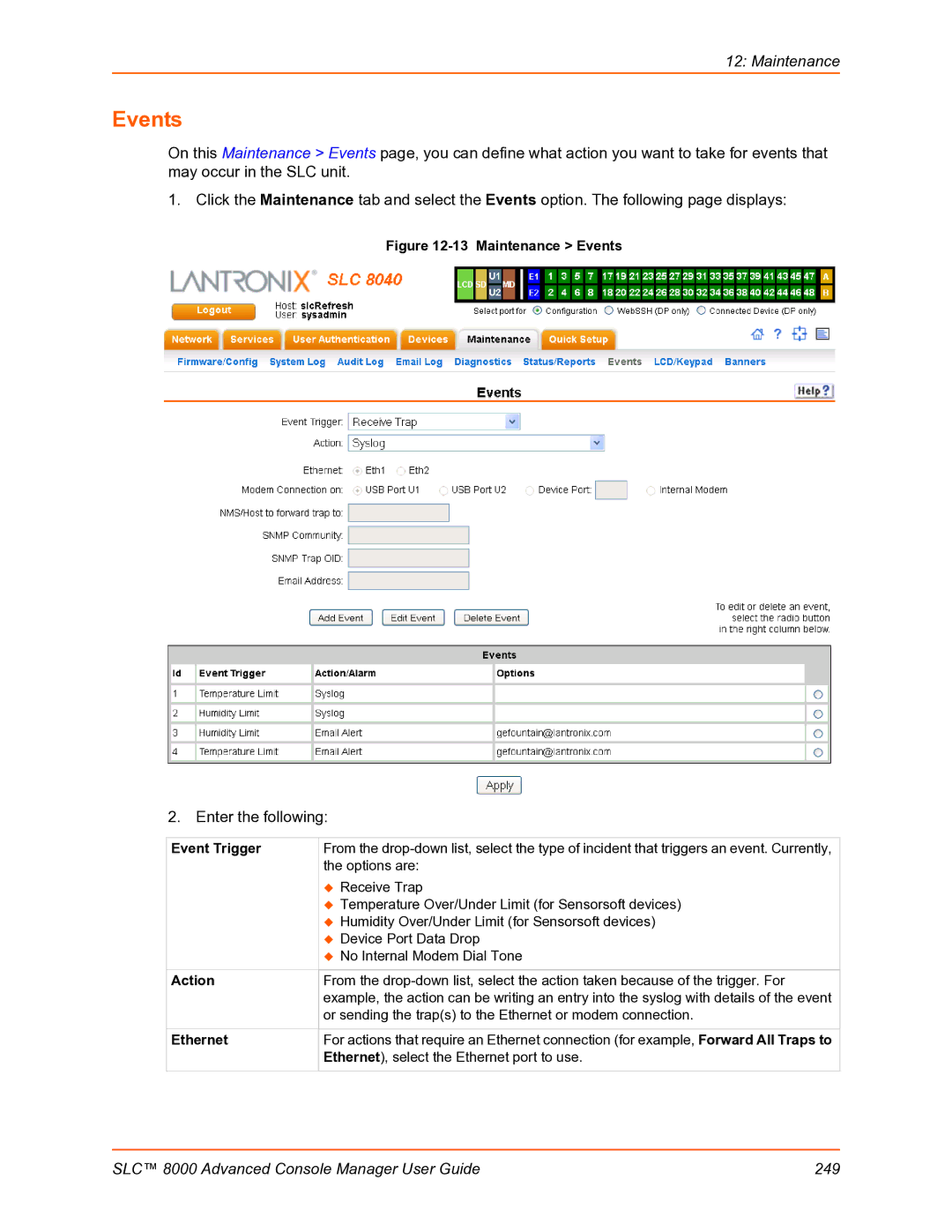 Lantronix SLC 8000 manual Events, Event Trigger, Ethernet 