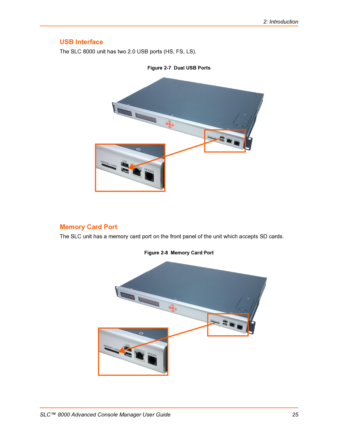 Lantronix SLC 8000 manual USB Interface, Memory Card Port 