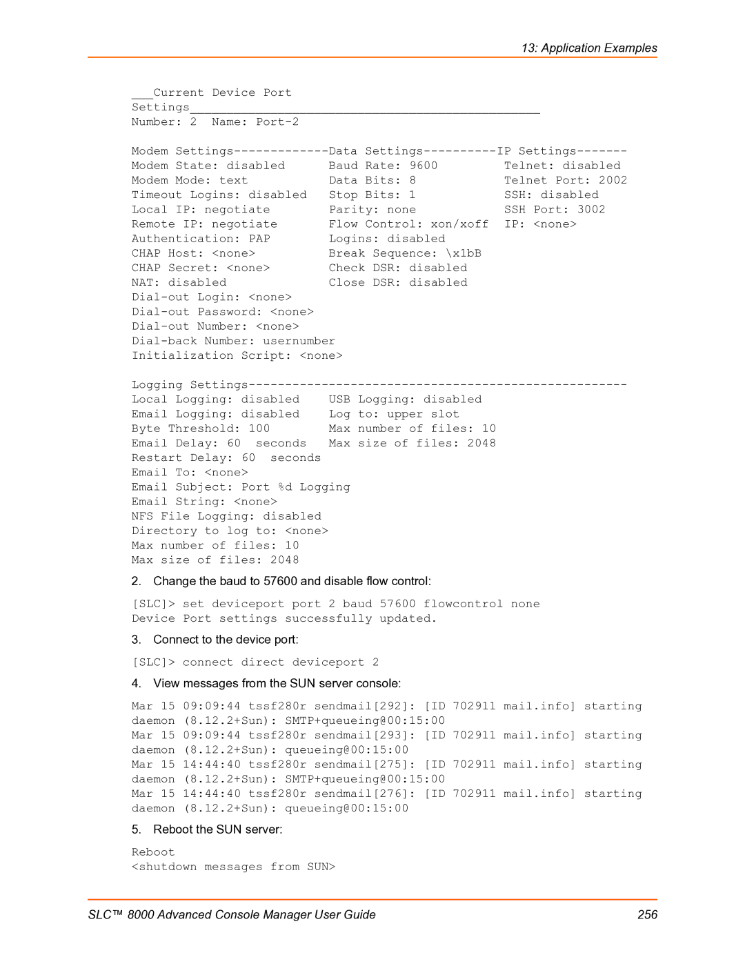 Lantronix SLC 8000 manual SLC connect direct deviceport, Reboot Shutdown messages from SUN 