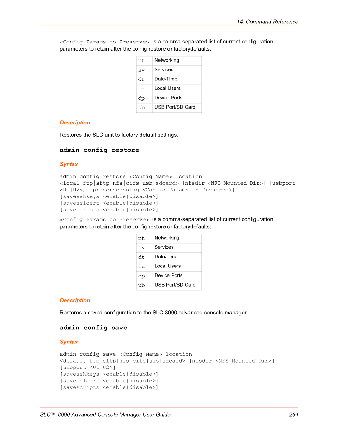 Lantronix SLC 8000 manual Admin config restore, Admin config save 