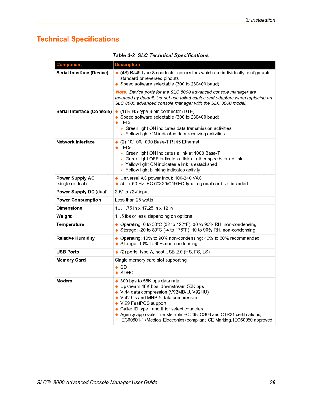 Lantronix SLC 8000 manual Technical Specifications 