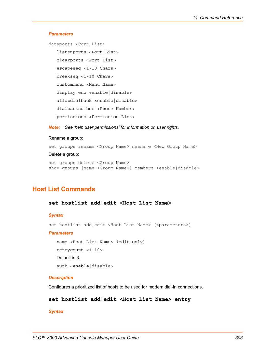 Lantronix SLC 8000 manual Host List Commands, Set hostlist addedit Host List Name entry 