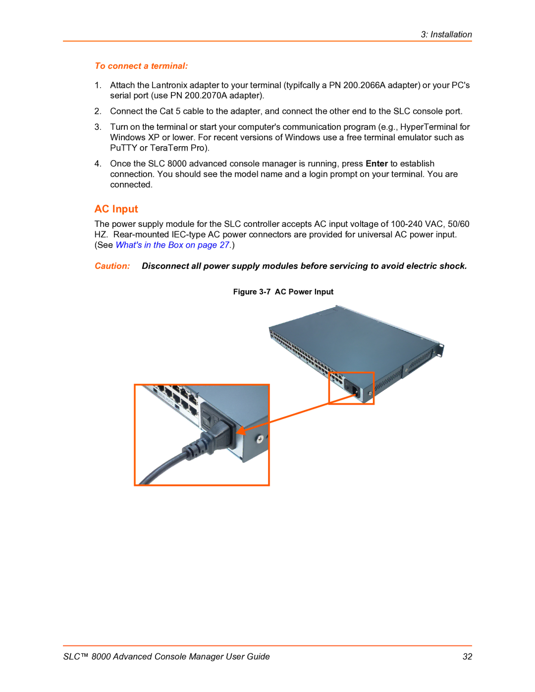 Lantronix SLC 8000 manual AC Input, To connect a terminal 