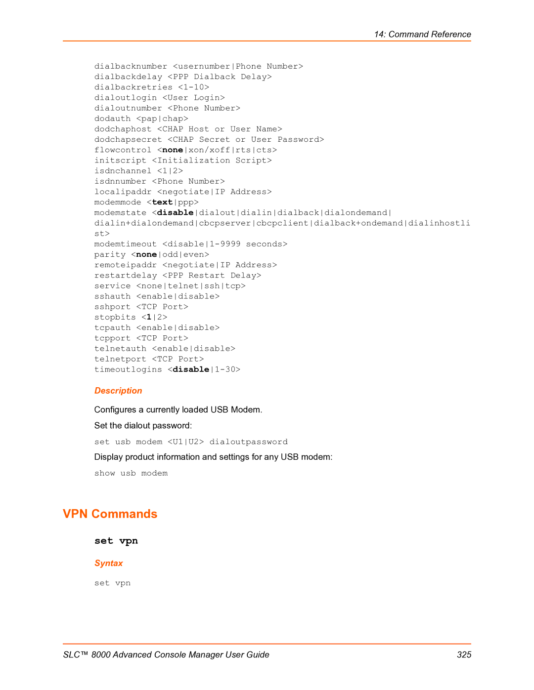 Lantronix SLC 8000 manual VPN Commands, Set vpn, Set usb modem U1U2 dialoutpassword, Show usb modem 