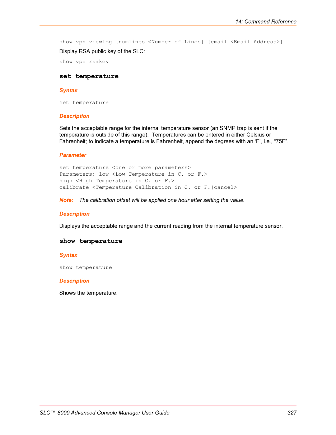 Lantronix SLC 8000 manual Set temperature, Show temperature, Show vpn rsakey, Parameter 