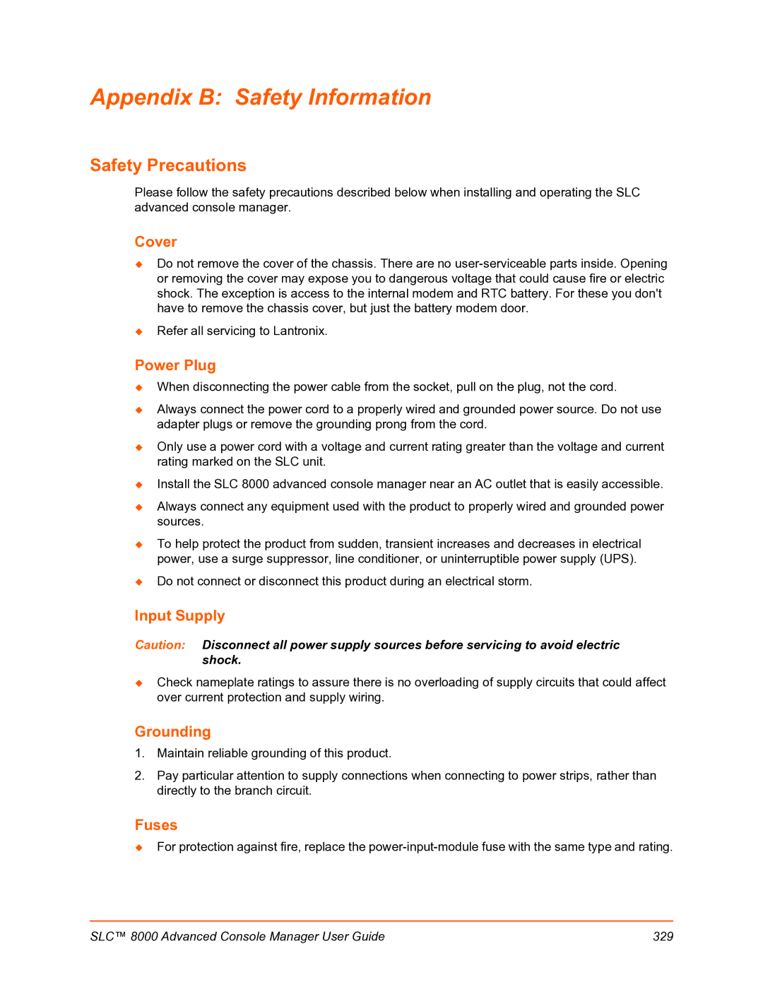 Lantronix SLC 8000 manual Appendix B Safety Information, Safety Precautions 