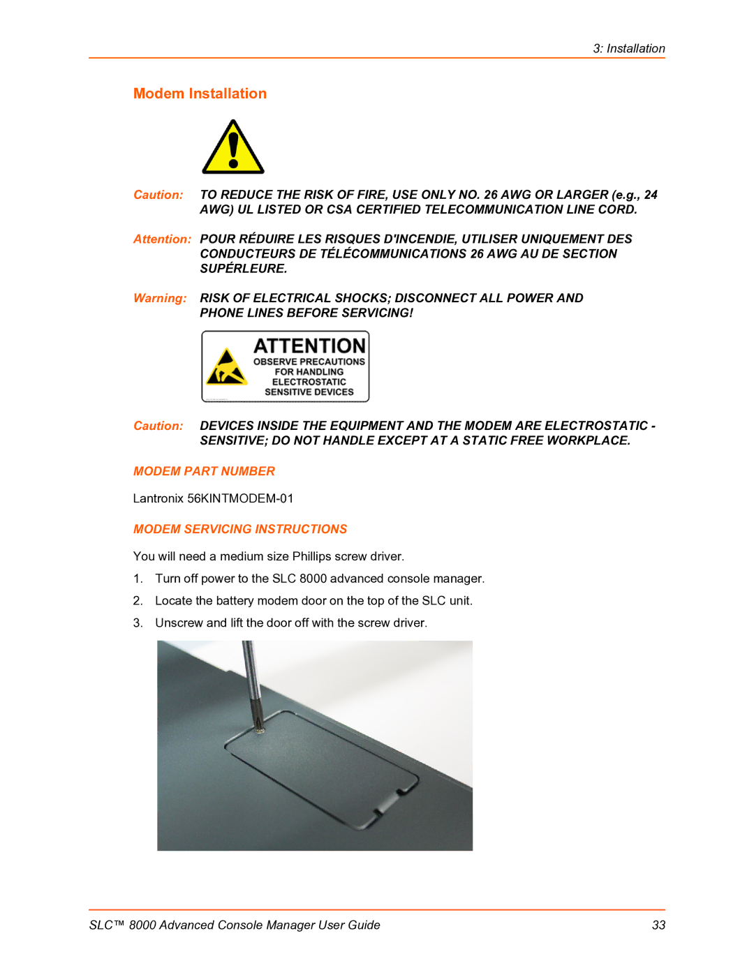 Lantronix SLC 8000 manual Modem Installation, Modem Servicing Instructions 