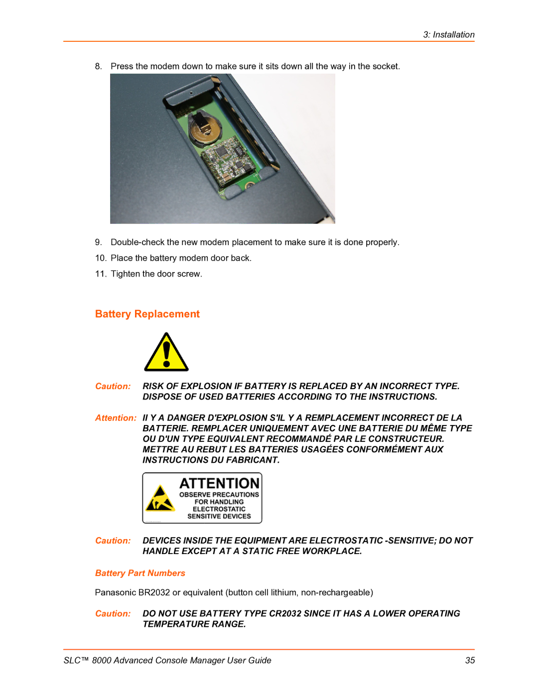 Lantronix SLC 8000 manual Battery Replacement, Battery Part Numbers 