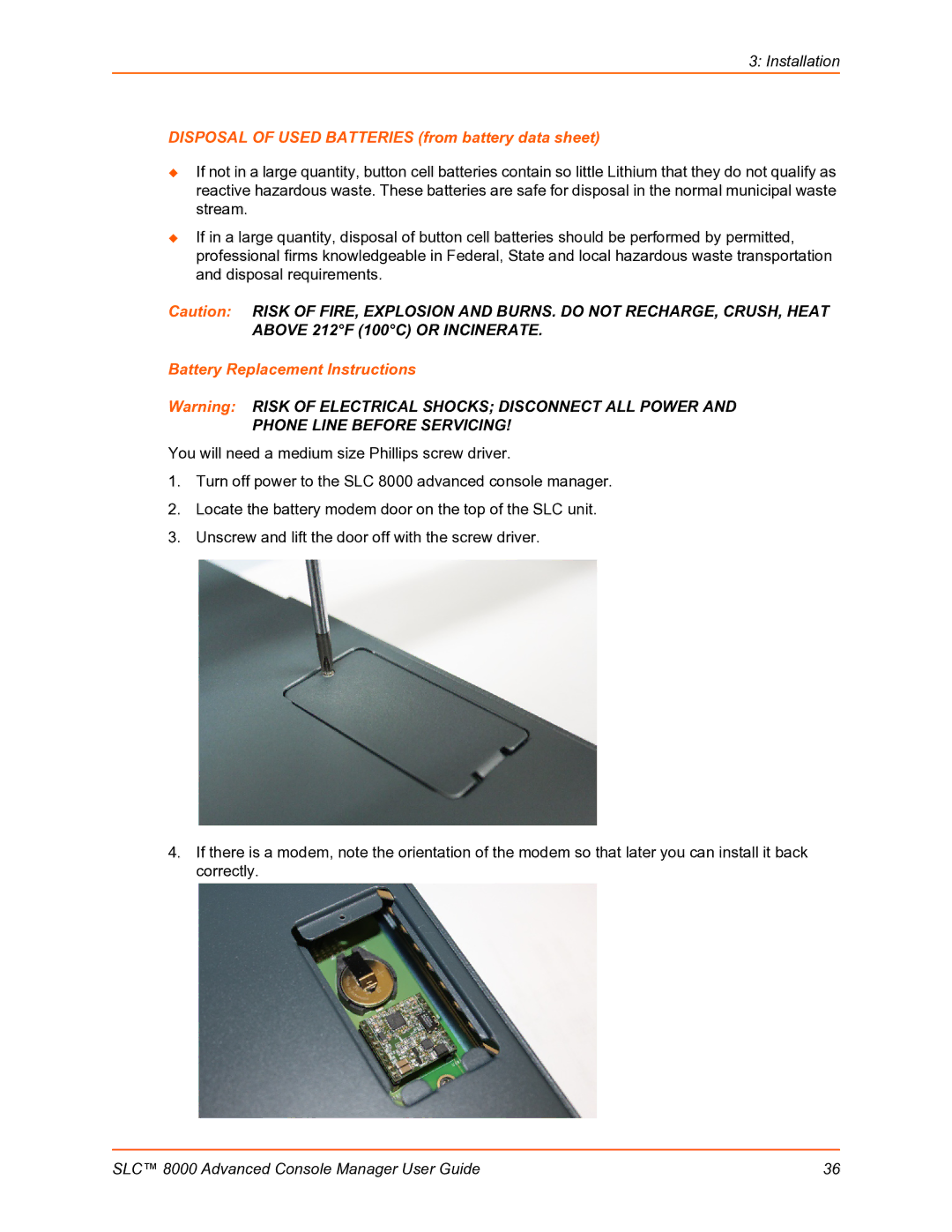 Lantronix SLC 8000 manual Disposal of Used Batteries from battery data sheet, Battery Replacement Instructions 