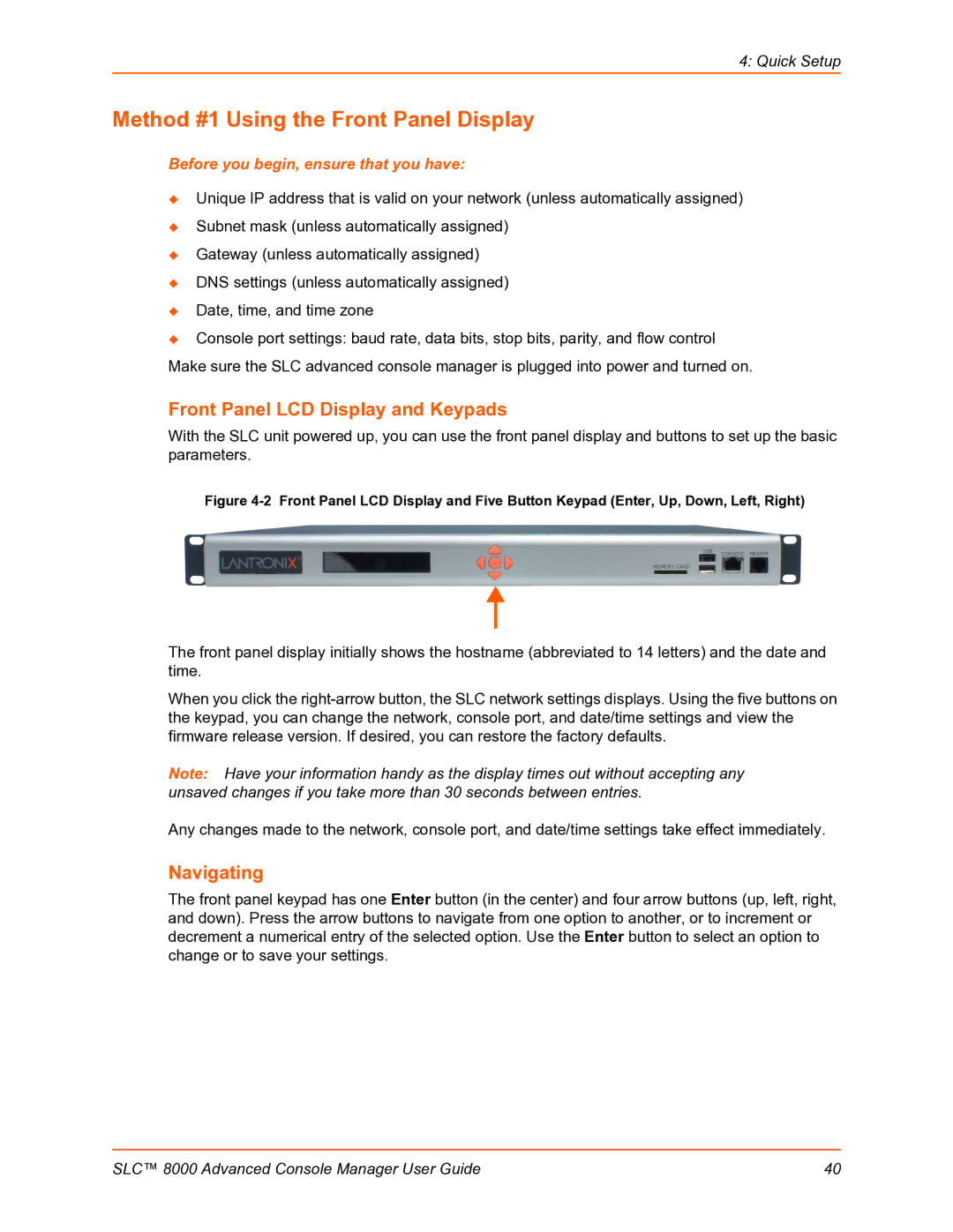 Lantronix SLC 8000 manual Method #1 Using the Front Panel Display, Front Panel LCD Display and Keypads, Navigating 