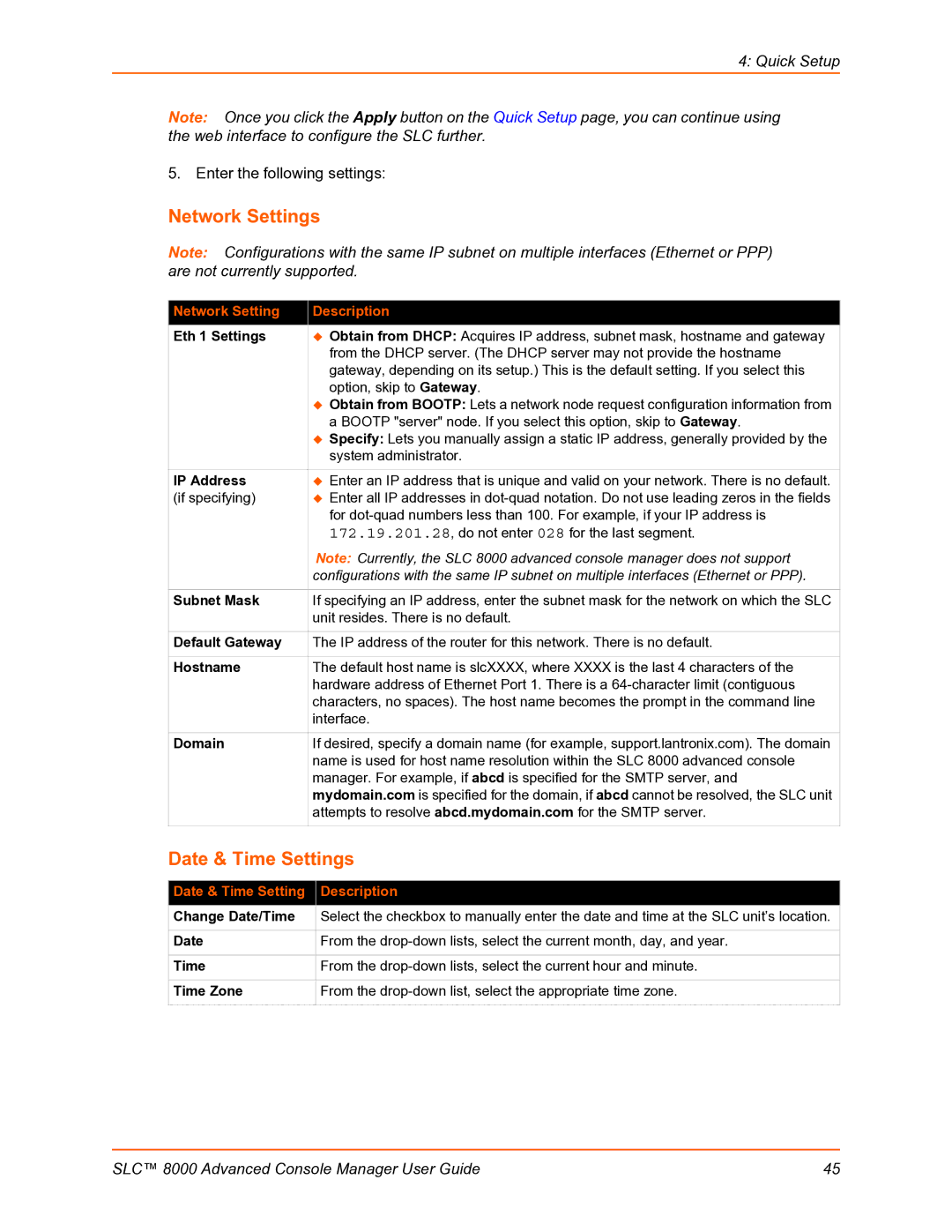 Lantronix SLC 8000 manual Network Settings, Date & Time Settings 