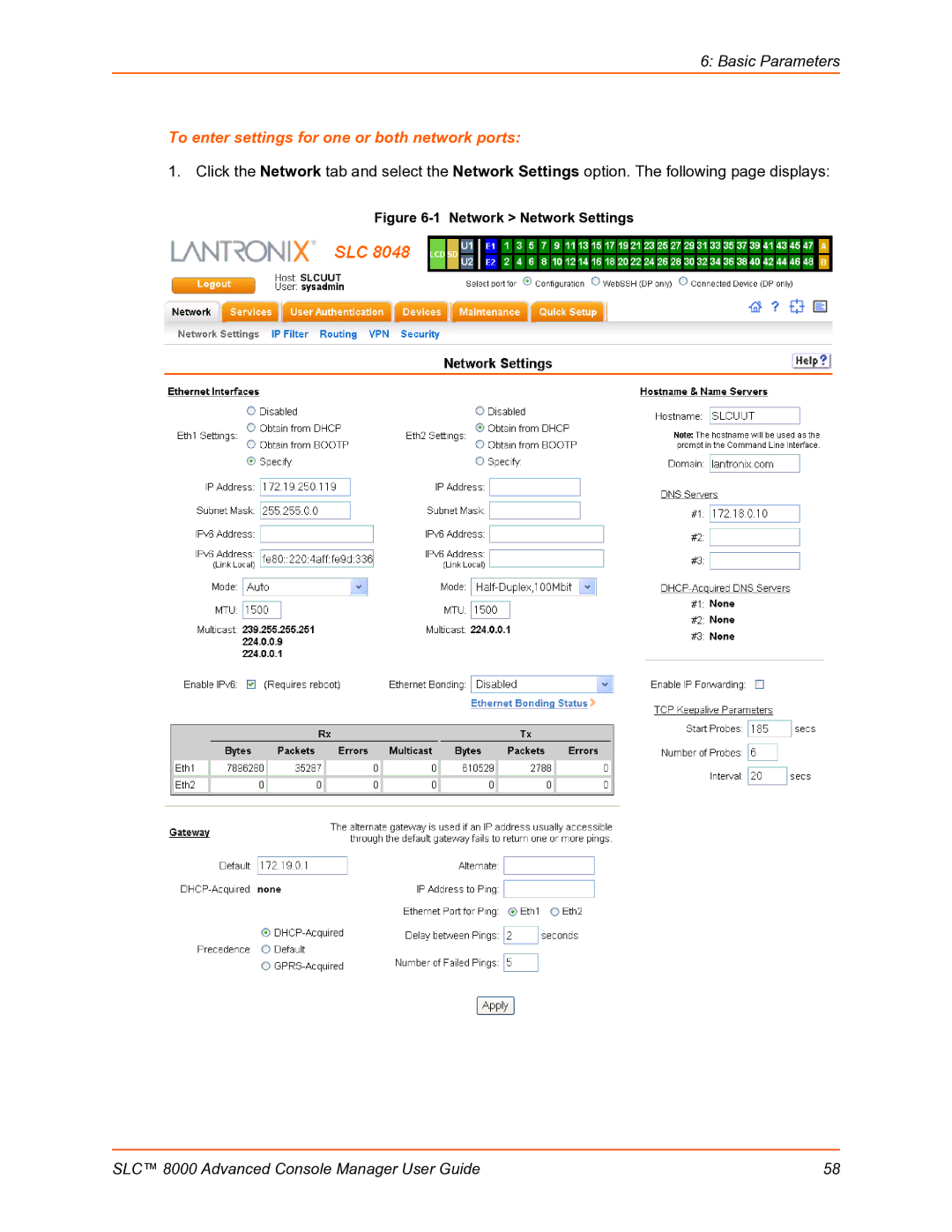 Lantronix SLC 8000 manual To enter settings for one or both network ports, Network Network Settings 