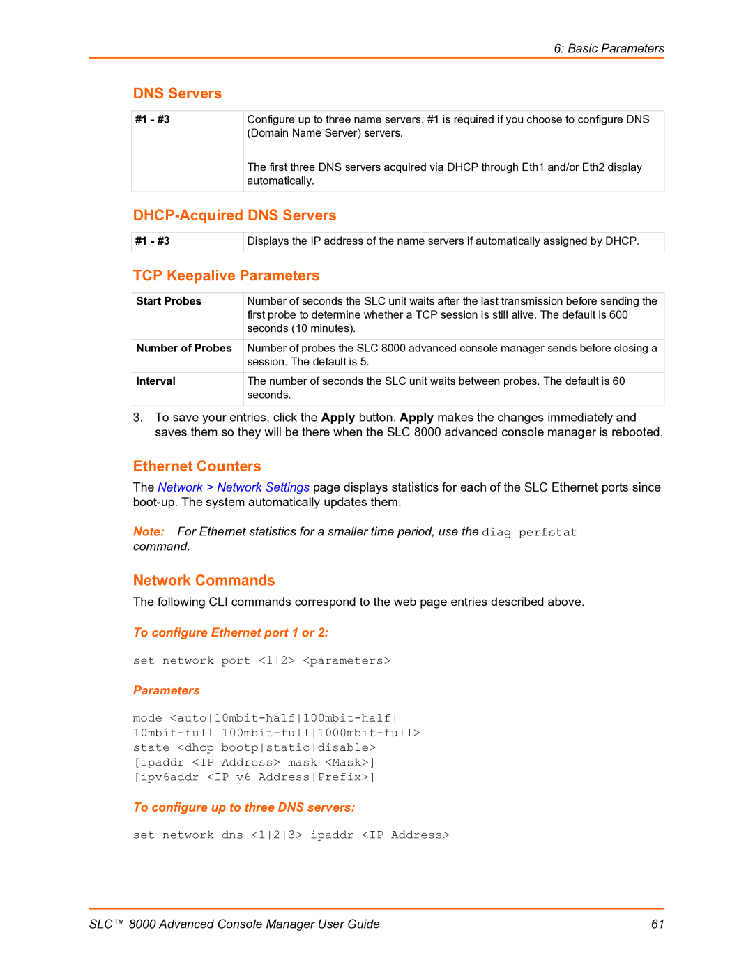 Lantronix SLC 8000 manual DHCP-Acquired DNS Servers, TCP Keepalive Parameters, Ethernet Counters, Network Commands 