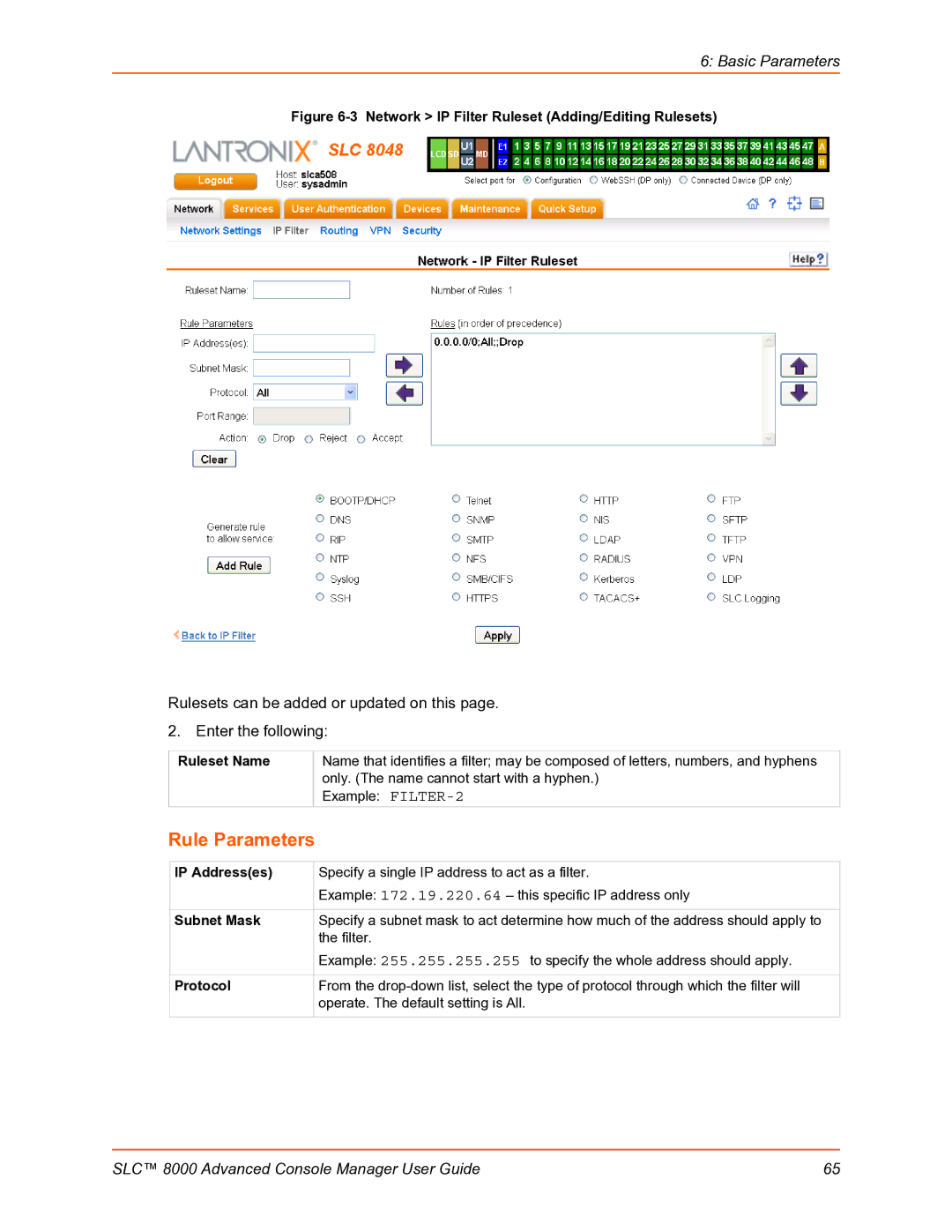 Lantronix SLC 8000 manual Rule Parameters, Ruleset Name, IP Addresses, Protocol 