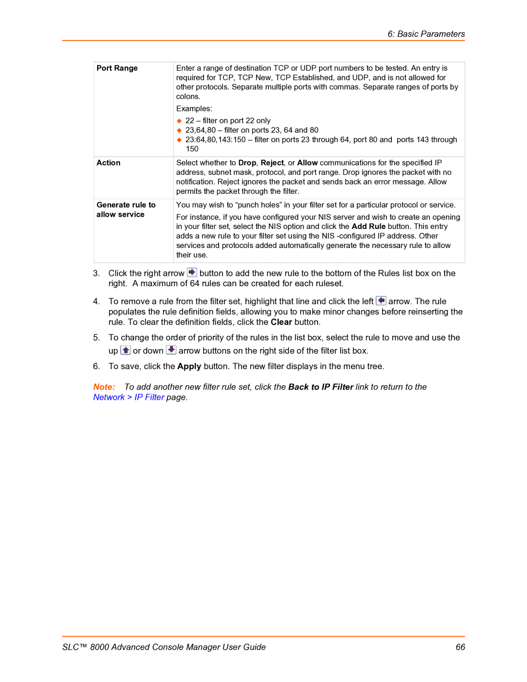 Lantronix SLC 8000 manual Port Range, Action, Generate rule to, Allow service 