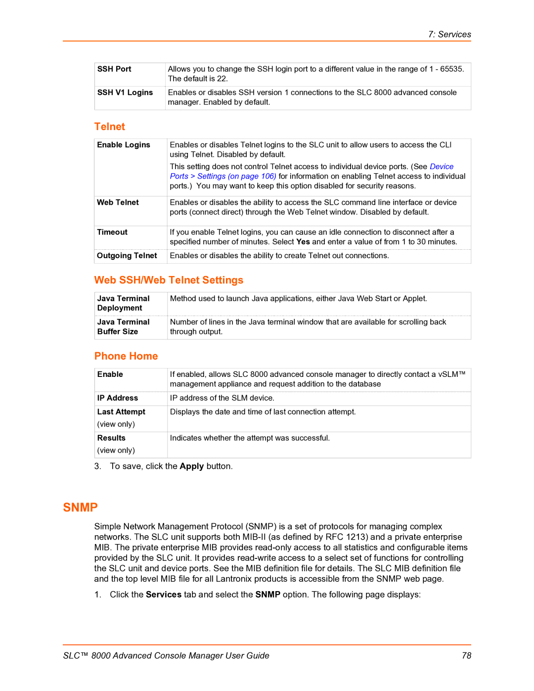 Lantronix SLC 8000 manual Web SSH/Web Telnet Settings, Phone Home 