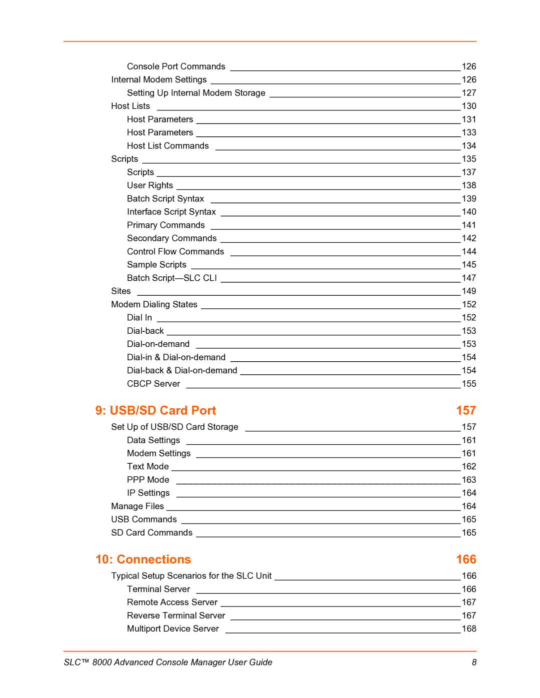 Lantronix SLC 8000 manual USB/SD Card Port 157, Connections 166 