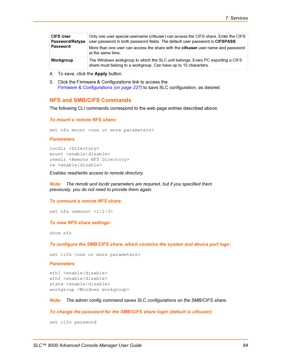 Lantronix SLC 8000 manual NFS and SMB/CIFS Commands, To mount a remote NFS share, To unmount a remote NFS share 