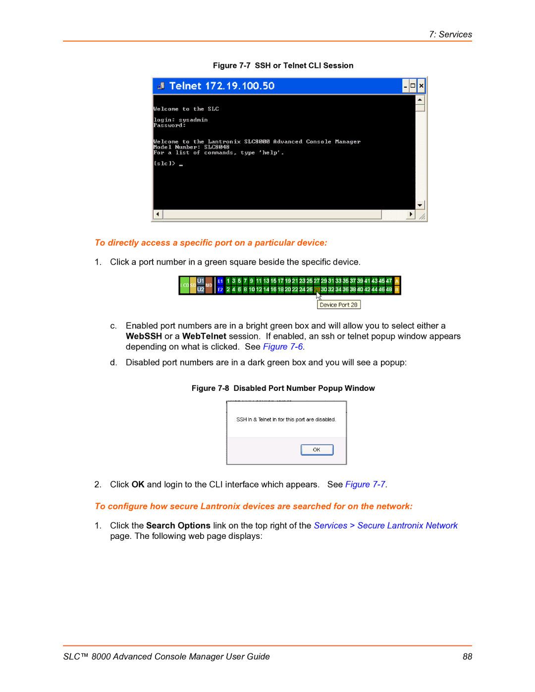 Lantronix SLC 8000 manual To directly access a specific port on a particular device, SSH or Telnet CLI Session 