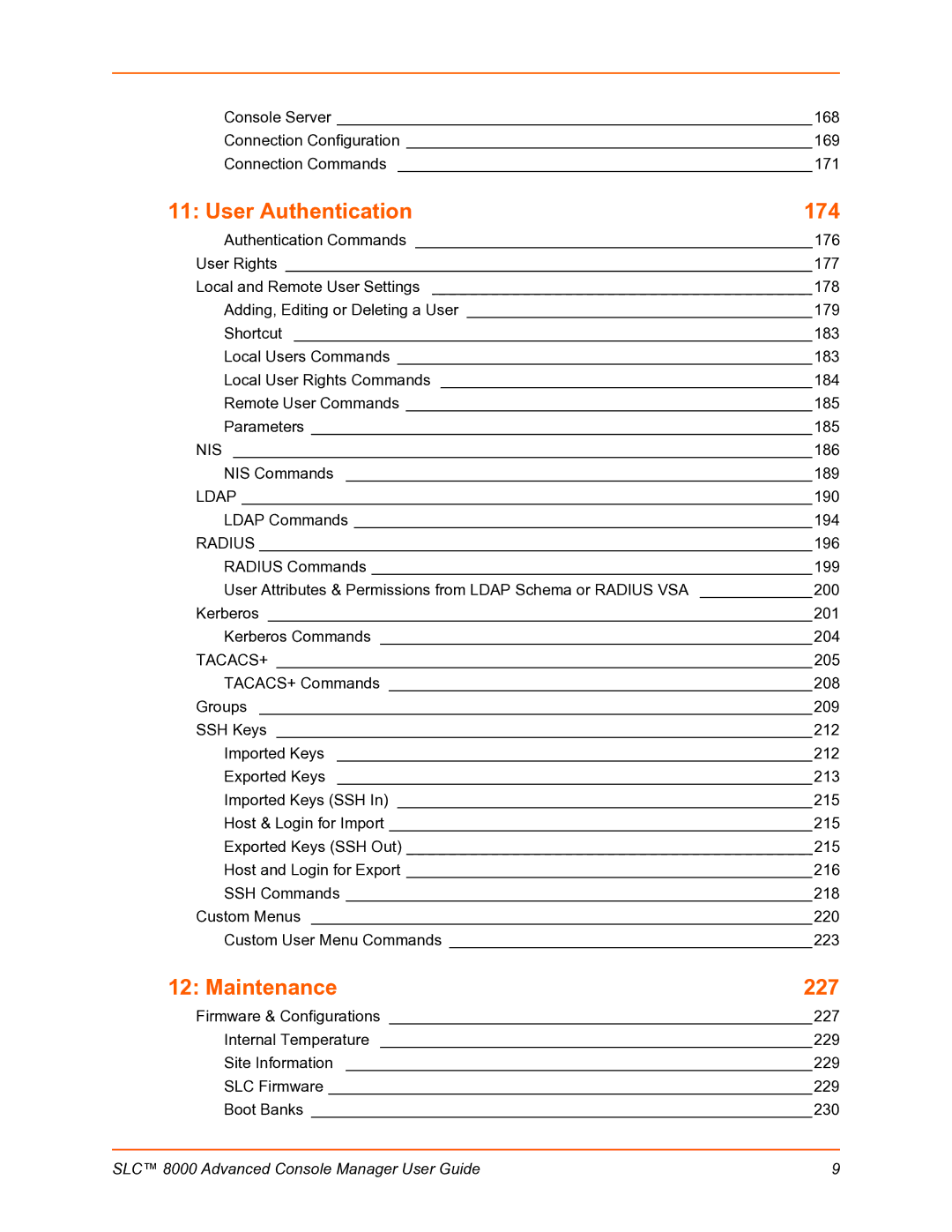 Lantronix SLC 8000 manual User Authentication 174, Maintenance 227 