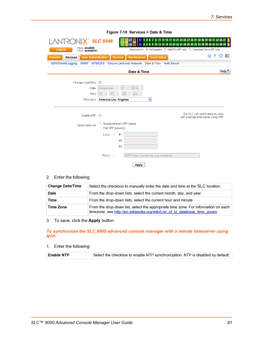 Lantronix SLC 8000 manual Services Date & Time, Enable NTP 