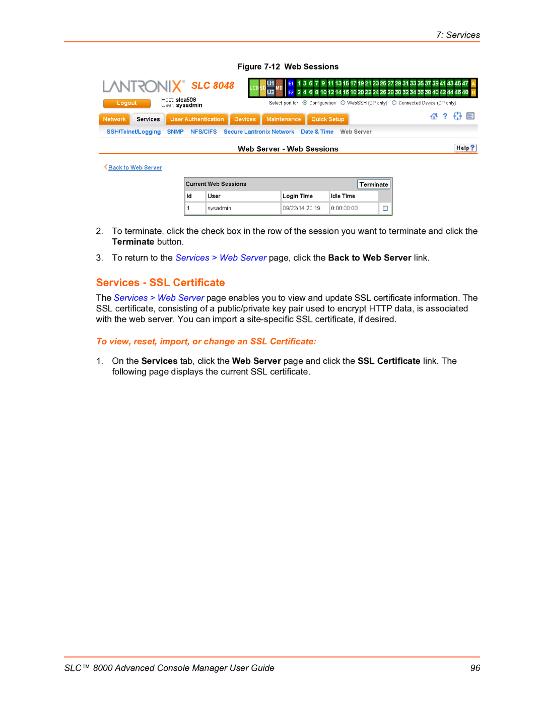 Lantronix SLC 8000 manual Services SSL Certificate, To view, reset, import, or change an SSL Certificate 