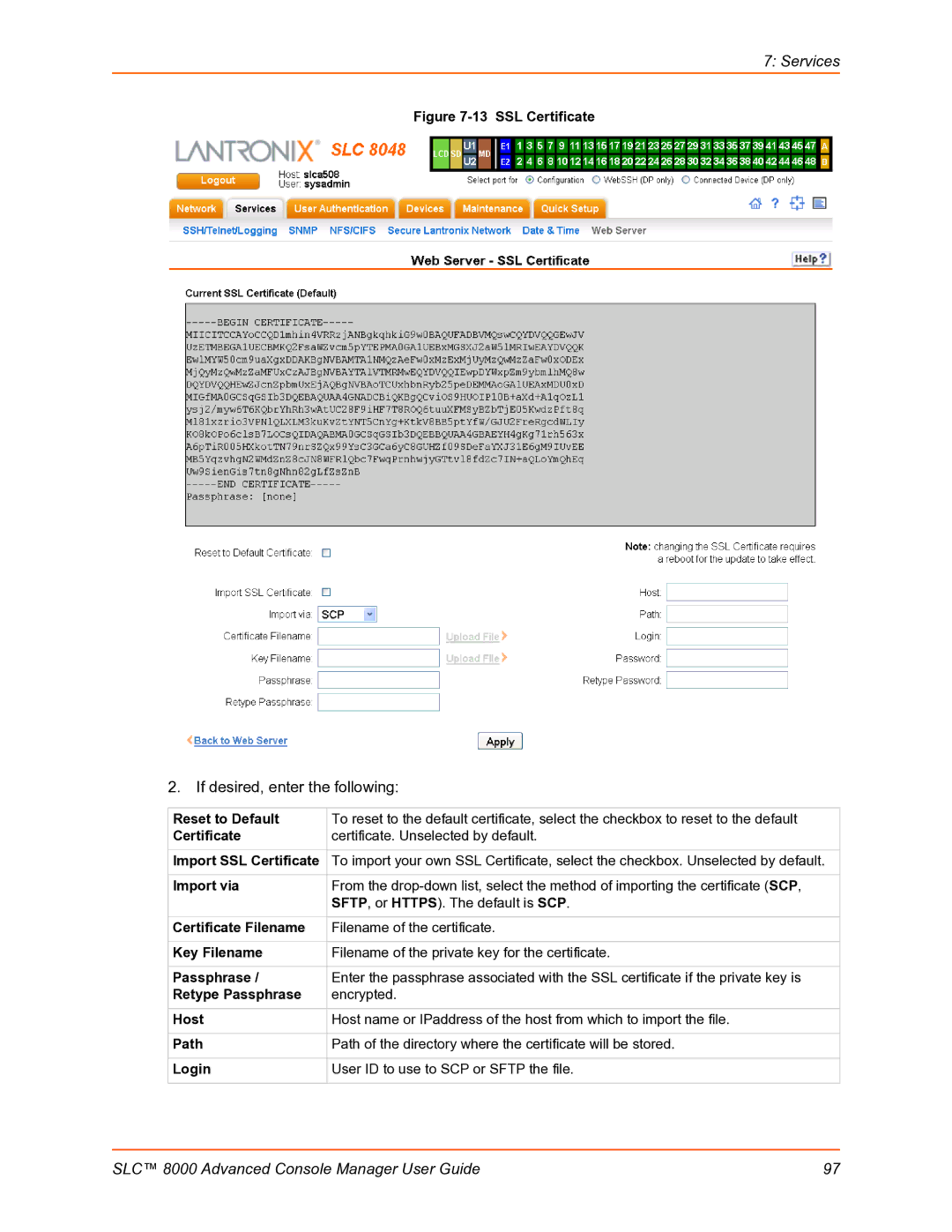 Lantronix SLC 8000 Reset to Default, Import SSL Certificate, Import via, Certificate Filename, Key Filename, Host 