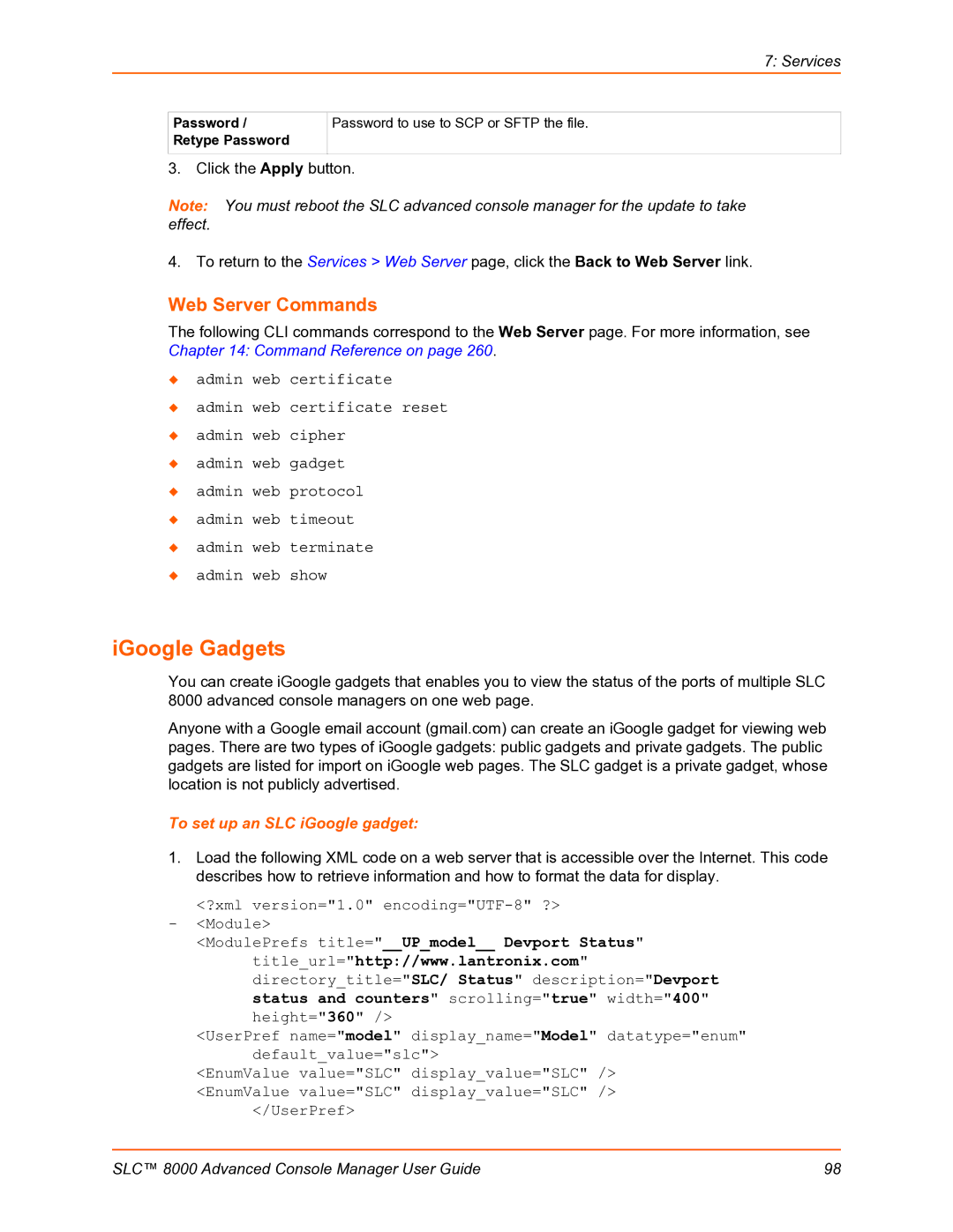 Lantronix SLC 8000 manual IGoogle Gadgets, Web Server Commands, To set up an SLC iGoogle gadget, Password / Retype Password 