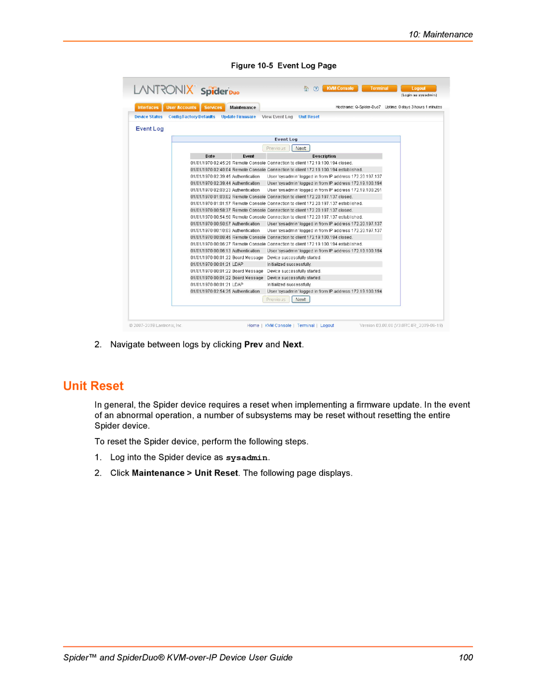 Lantronix SLSLP400PS201 manual Unit Reset, Event Log 