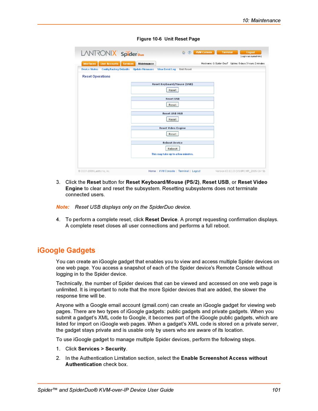 Lantronix SLSLP400PS201 manual IGoogle Gadgets, Unit Reset 