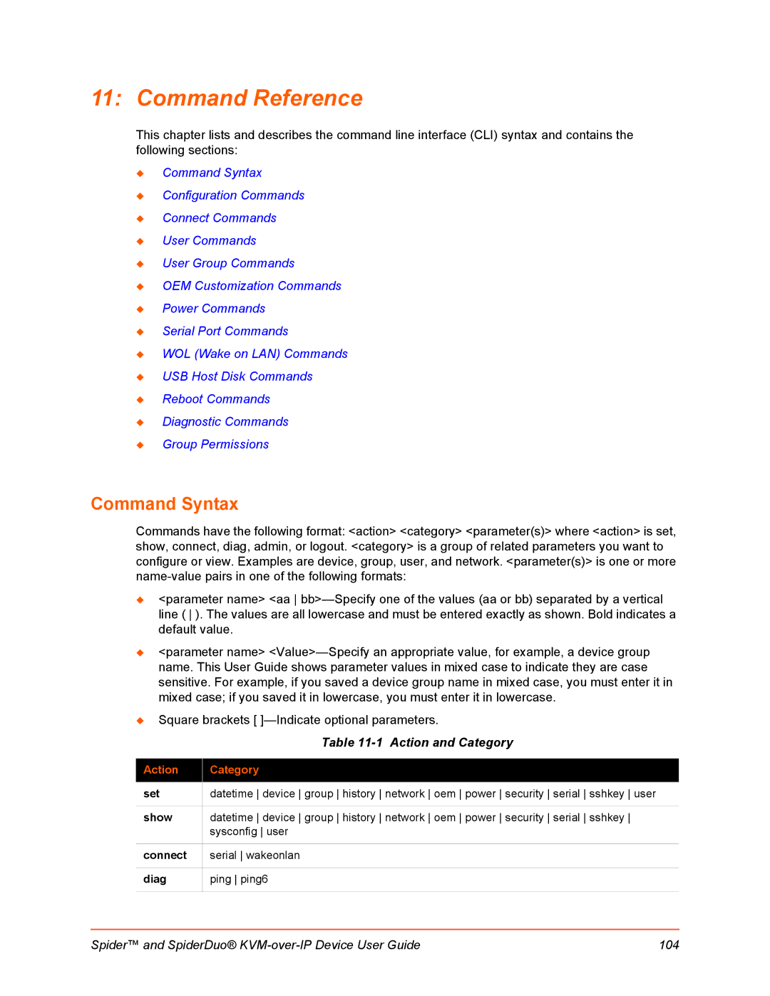 Lantronix SLSLP400PS201 manual Command Reference, Command Syntax, Action and Category 