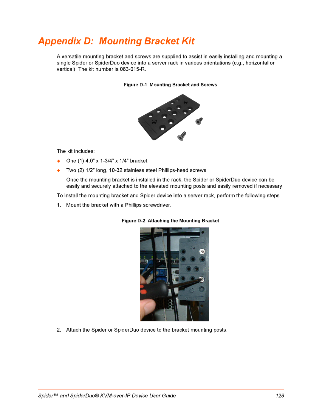 Lantronix SLSLP400PS201 manual Appendix D Mounting Bracket Kit, Figure D-1 Mounting Bracket and Screws 