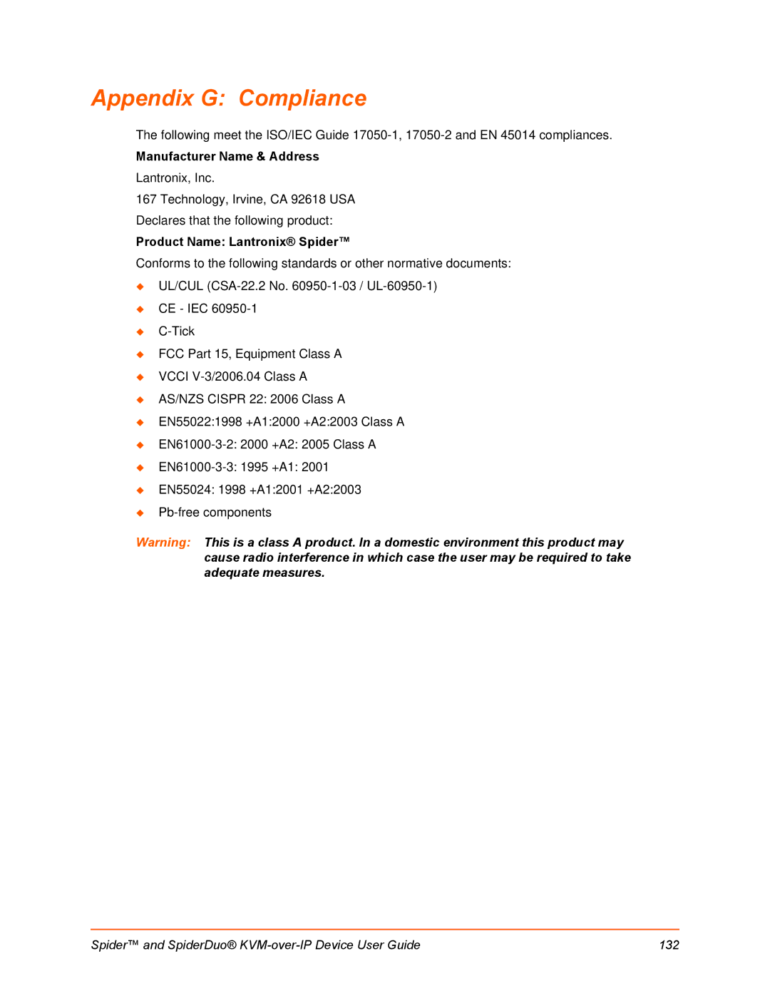 Lantronix SLSLP400PS201 manual Appendix G Compliance, Product Name Lantronix Spider 