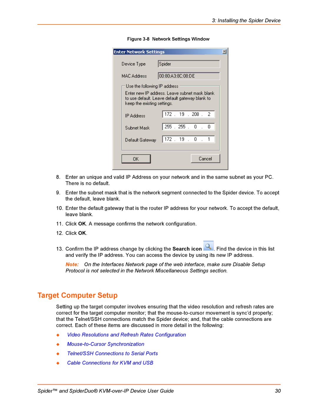 Lantronix SLSLP400PS201 manual Target Computer Setup, Network Settings Window 