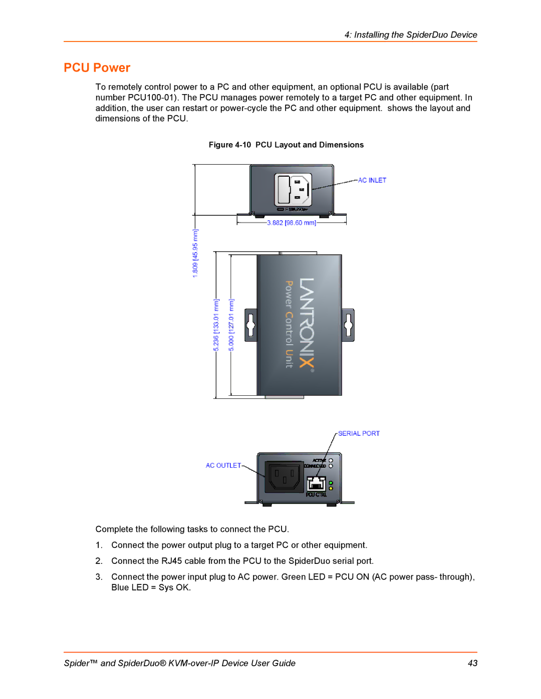 Lantronix SLSLP400PS201 manual PCU Power, PCU Layout and Dimensions 