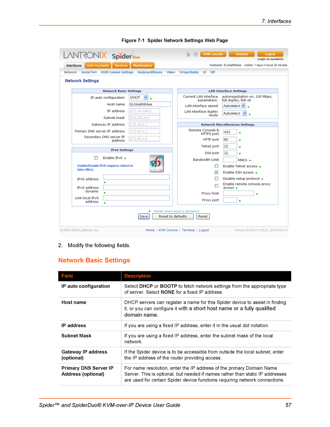 Lantronix SLSLP400PS201 manual Network Basic Settings 