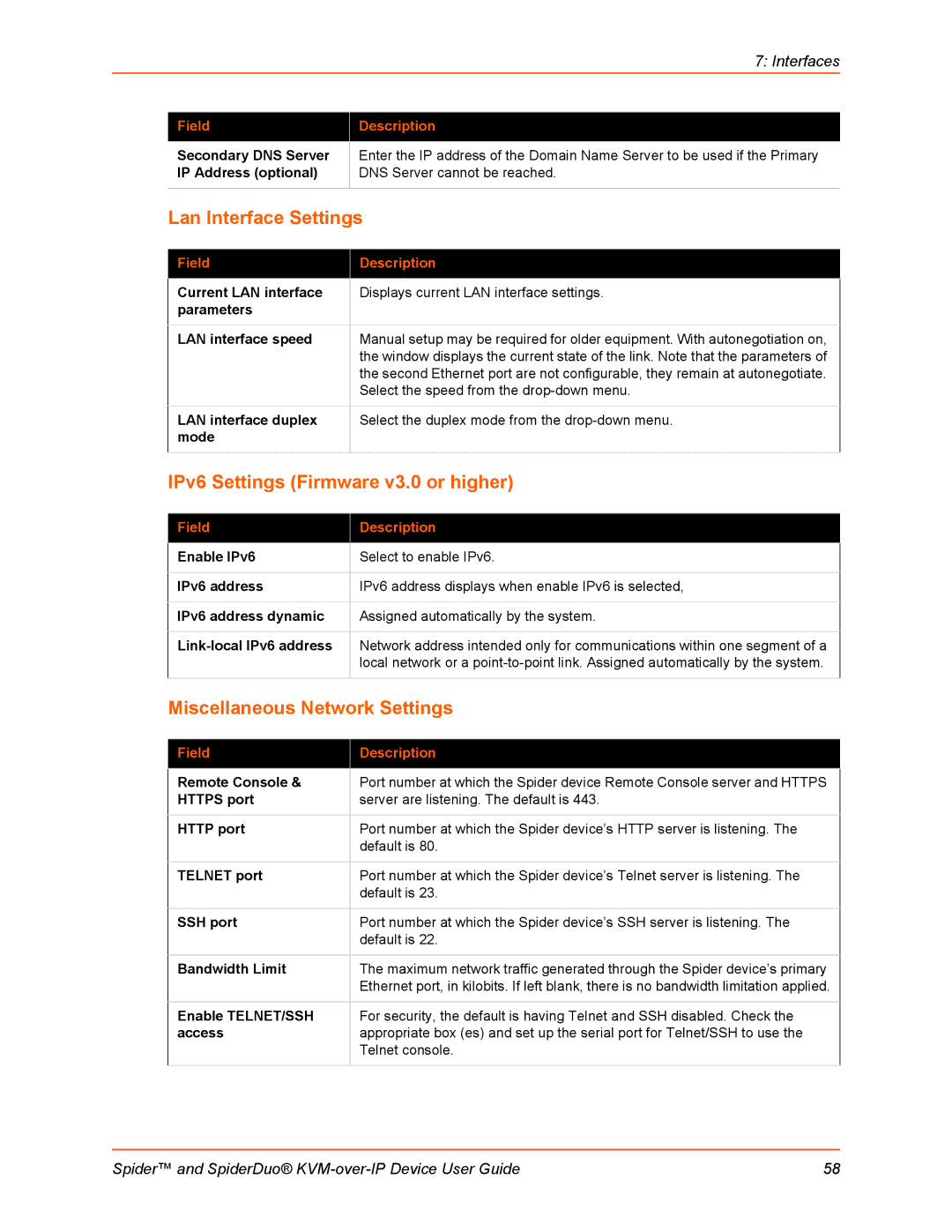 Lantronix SLSLP400PS201 Lan Interface Settings, IPv6 Settings Firmware v3.0 or higher, Miscellaneous Network Settings 