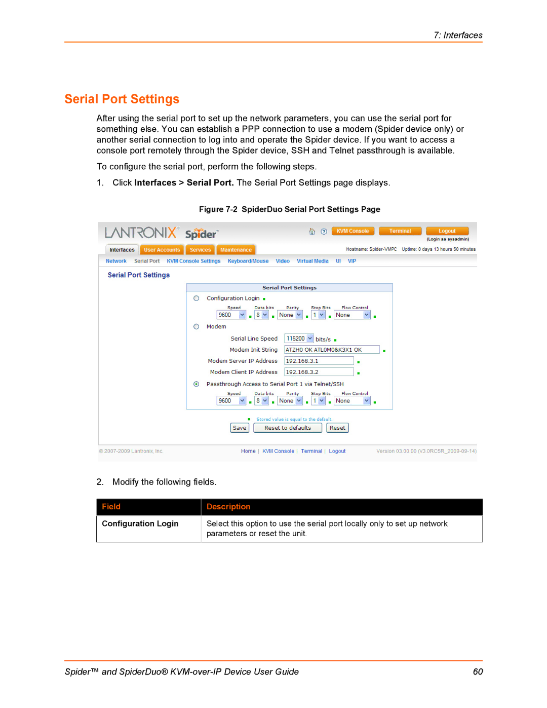 Lantronix SLSLP400PS201 manual SpiderDuo Serial Port Settings 