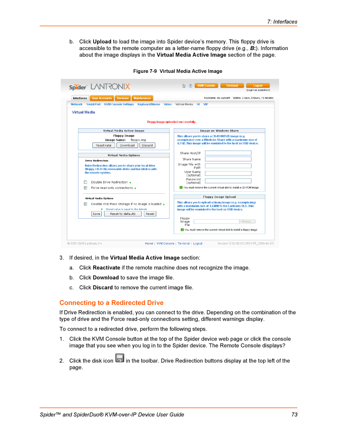 Lantronix SLSLP400PS201 manual Connecting to a Redirected Drive, Virtual Media Active Image 