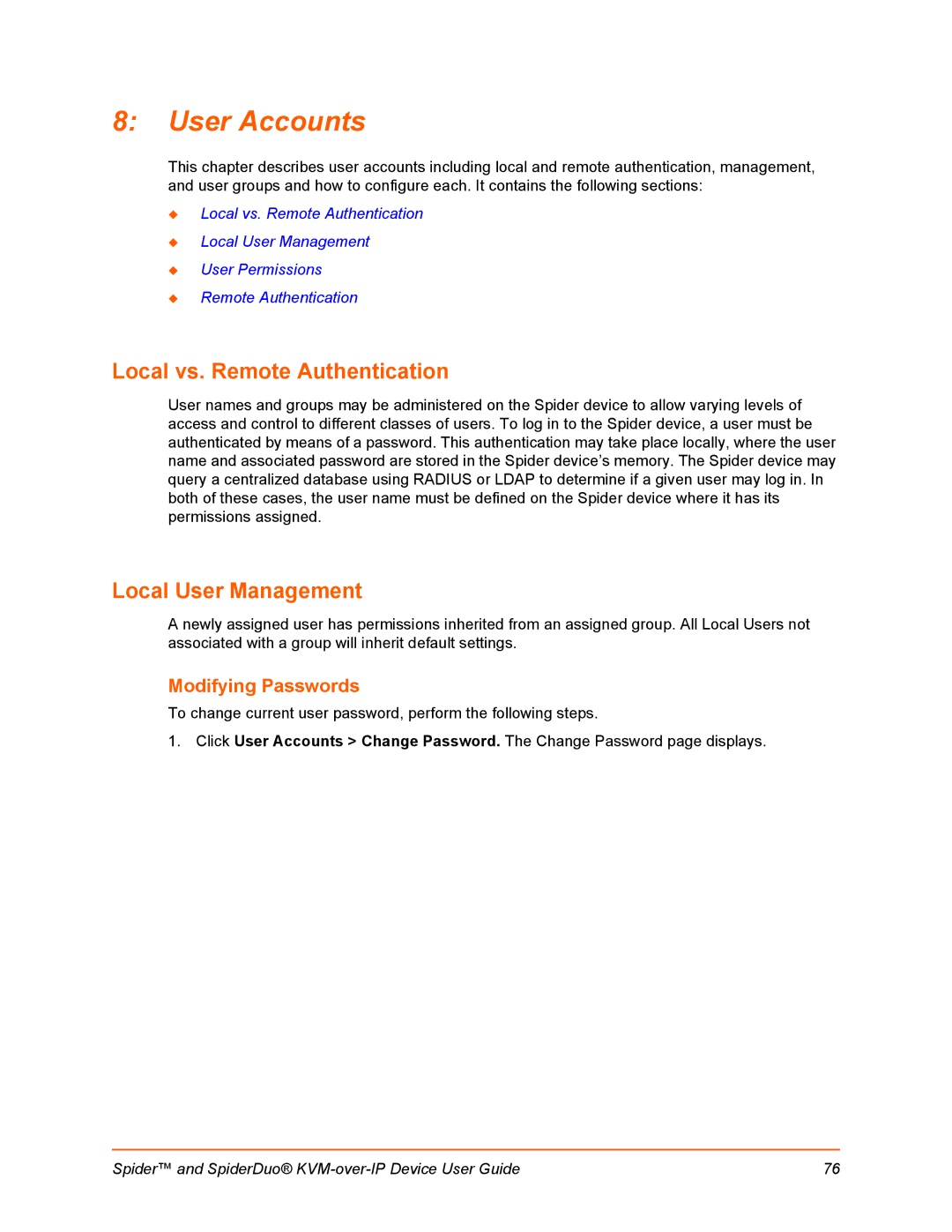 Lantronix SLSLP400PS201 manual User Accounts, Local vs. Remote Authentication, Local User Management, Modifying Passwords 