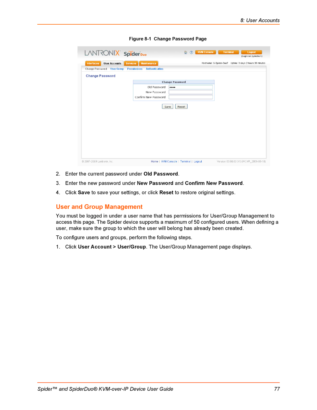 Lantronix SLSLP400PS201 manual User and Group Management, Change Password 