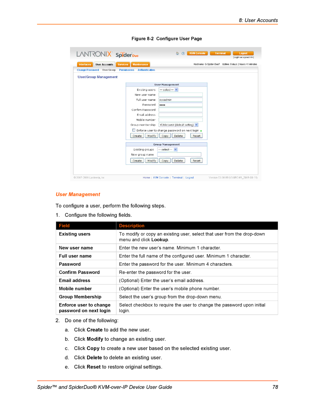 Lantronix SLSLP400PS201 Existing users, New user name, Full user name, Confirm Password, Email address, Mobile number 