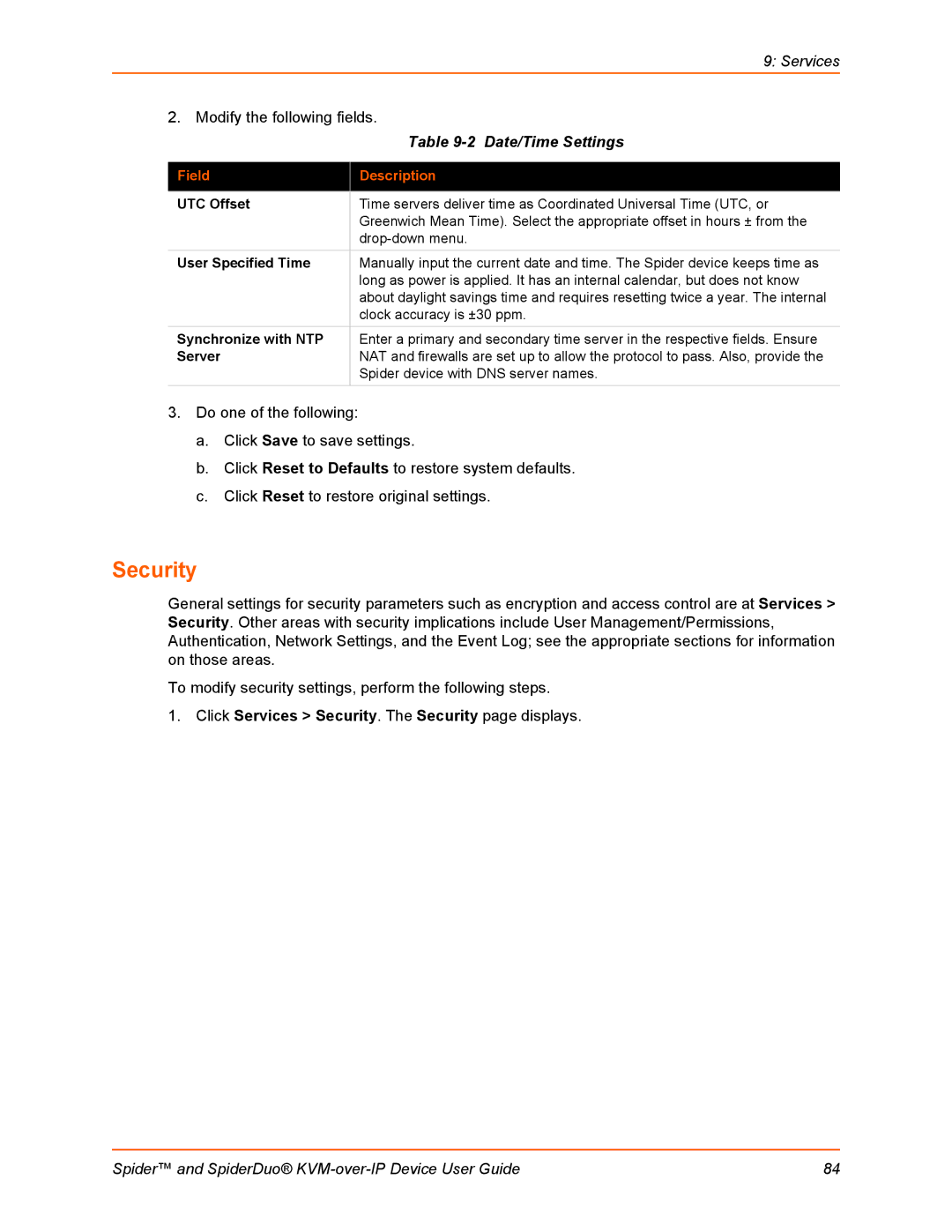 Lantronix SLSLP400PS201 manual Security, Date/Time Settings, UTC Offset, User Specified Time, Synchronize with NTP 