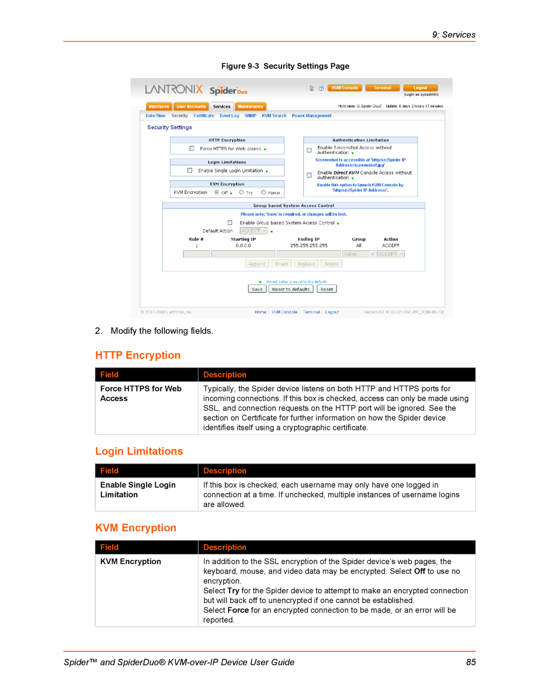 Lantronix SLSLP400PS201 manual Http Encryption, Login Limitations, KVM Encryption 