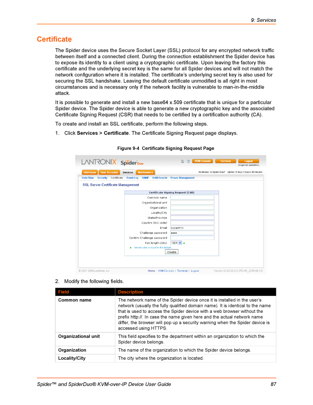 Lantronix SLSLP400PS201 manual Certificate, Common name, Organizational unit, Locality/City 