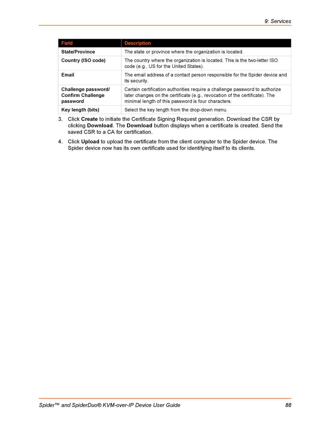 Lantronix SLSLP400PS201 manual State/Province, Country ISO code, Challenge password, Confirm Challenge, Key length bits 